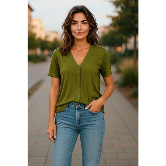 Susan Graver Weekend Womens XL Moss Green Button Up Cardigan Short Sleeve - Picture 1 of 7